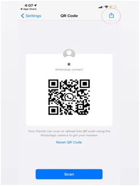 WhatsApp QR Code screen on iPhone with the share icon circled