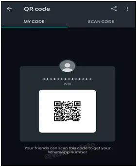 WhatsApp QR code screen on Android showing the personal QR code under My Code