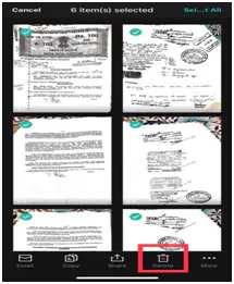 CamScanner with the selected documents and the Delete icon highlighted at the bottom