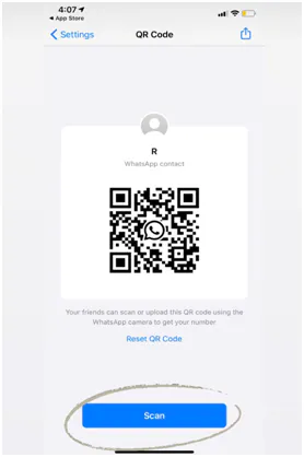 WhatsApp QR Code screen on iPhone with the Scan button circled