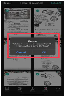 CamScanner Delete prompt saying deleted items can be restored from the website within 7 days