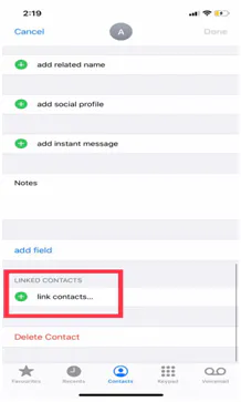 iPhone contact edit screen with link contacts highlighted under Linked Contacts