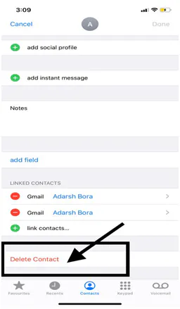 iPhone contact edit screen with the linked Gmail entries and an arrow pointing to Delete Contact