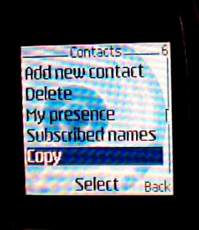 Classic Nokia phone Contacts menu with Copy selected
