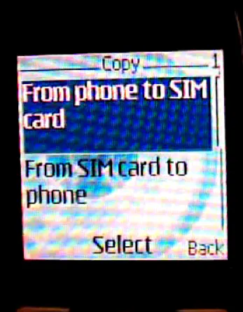 Nokia Copy menu with From phone to SIM card selected