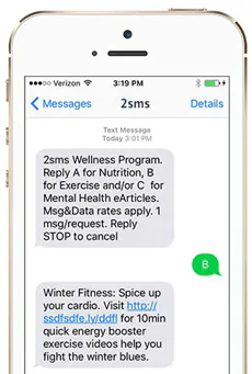 SMS conversation on an iPhone with an automated wellness program that replies to keywords
