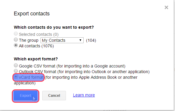 Google Contacts Export dialog with vCard format selected and the Export button highlighted