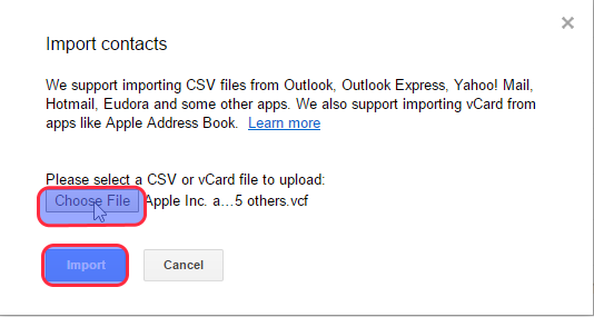 Google Contacts Import contacts dialog with a vCard file chosen and Import highlighted