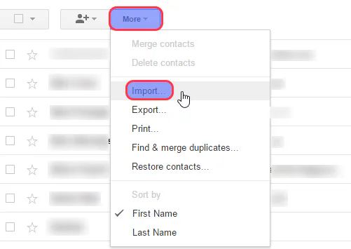 Old Google Contacts More menu with Import highlighted