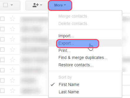 Old Google Contacts More menu with Export highlighted