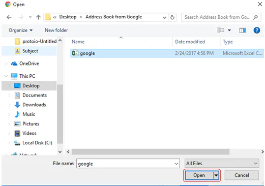 Windows Open dialog with the CSV file selected and Open highlighted
