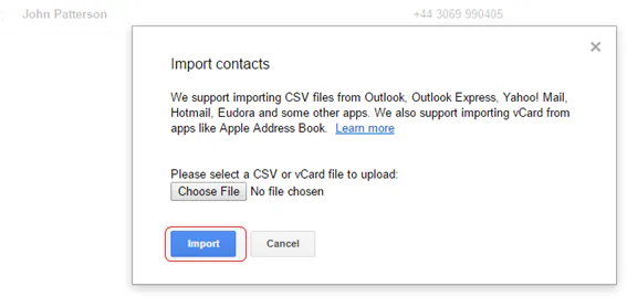 Google Contacts Import contacts dialog with the Import button highlighted