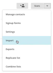 Mailchimp list menu with Import highlighted