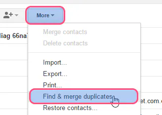 Google Contacts More menu with Find & merge duplicates highlighted