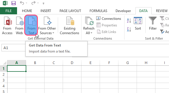 Excel Data tab with From Text highlighted