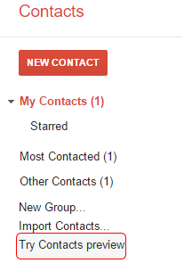 Old Google Contacts sidebar with Try Contacts preview highlighted