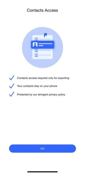 Covve Export Contacts Access screen explaining that contacts stay on the phone, with the OK button