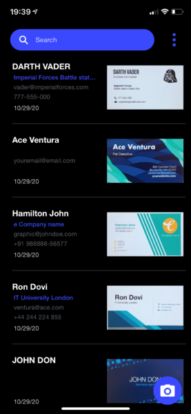 Covve Scan list of scanned business cards with each contact's details