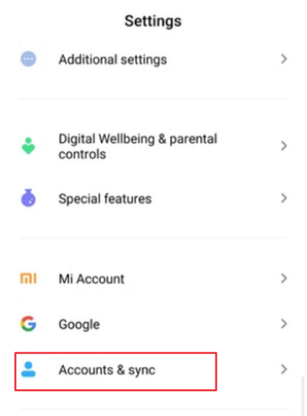 Android Settings with Accounts & sync highlighted