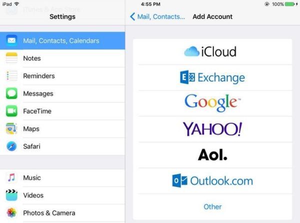 iPad Settings with Mail, Contacts, Calendars open on the Add Account screen listing Outlook.com