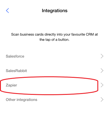Covve Scan Integrations list with Zapier circled