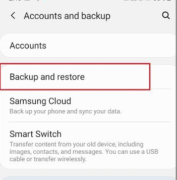 Samsung Accounts and backup settings with Backup and restore highlighted