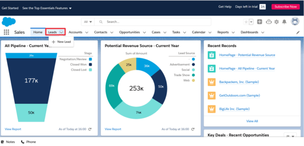 Salesforce Sales home with the Leads menu highlighted and the + New Lead option