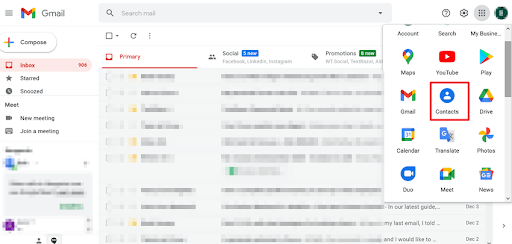 Gmail inbox with the Google apps menu open and Contacts highlighted