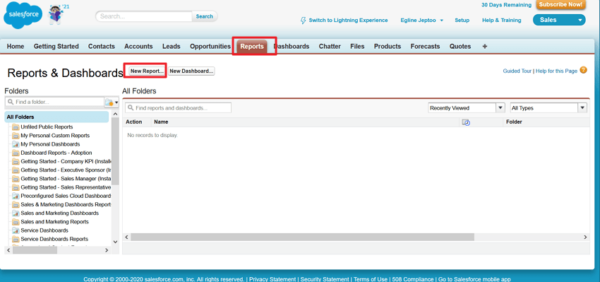 Salesforce Reports tab with the New Report button highlighted