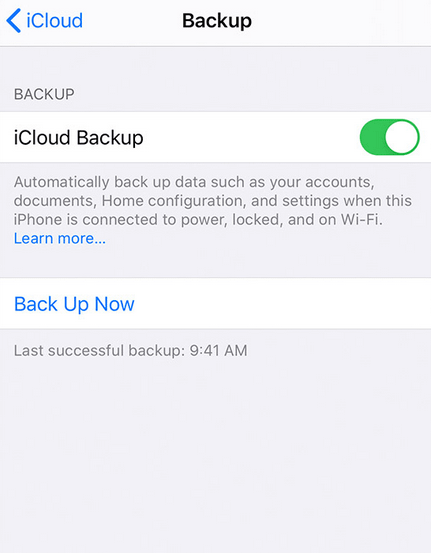 iPhone iCloud Backup settings with iCloud Backup on and Back Up Now