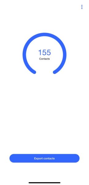 Export Contacts by Covve showing 155 contacts and the Export contacts button