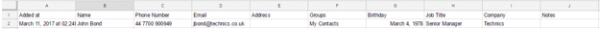 Spreadsheet row with the new contact's name, phone, email, groups, birthday, job title and company