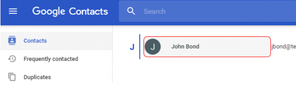 Google Contacts list with a contact highlighted