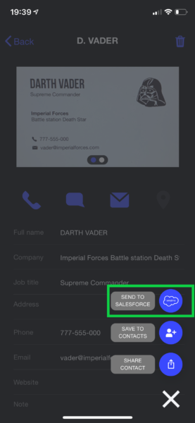 Scanned card in Covve Scan with the Send to Salesforce button highlighted