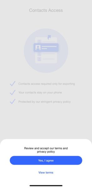 Covve Export prompt to review and accept the terms and privacy policy, with Yes, I agree