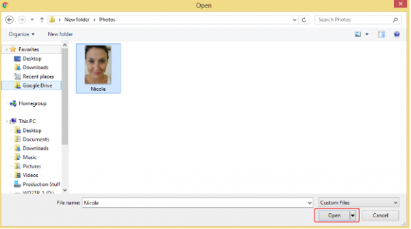 Windows Open dialog with a contact photo selected and the Open button highlighted