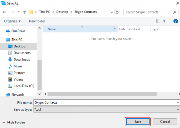 Windows Save As dialog saving Skype Contacts as a VCF file, with Save highlighted