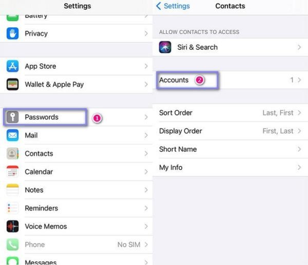 iPhone Settings with Passwords highlighted, then Contacts settings with Accounts highlighted