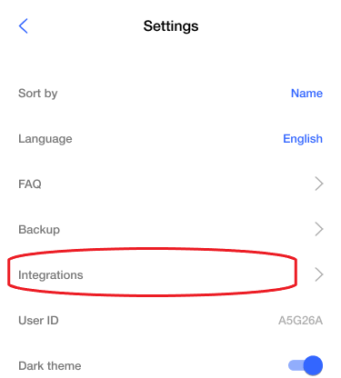 Covve Scan settings with Integrations circled