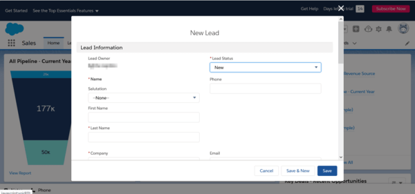 Salesforce New Lead dialog with lead status, name, company and email fields