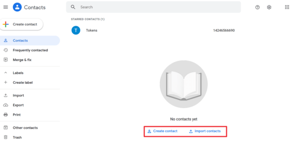 Google Contacts with the Create contact and Import contacts links highlighted