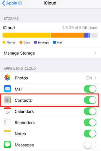 iPhone iCloud settings with the Contacts switch turned on and highlighted