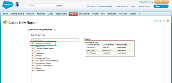 Salesforce Create New Report with the Accounts & Contacts report type highlighted