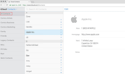iCloud Contacts in a browser with All Contacts highlighted