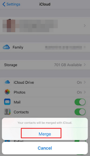 iPhone iCloud settings asking to merge contacts with iCloud, with Merge highlighted