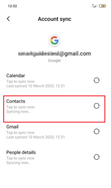 Android Google Account sync screen with Contacts highlighted