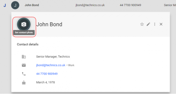 Google Contacts contact card with the Set contact photo button highlighted on the initial