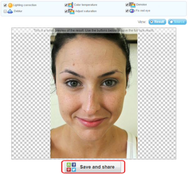 Enhance.pho.to preview of the enhanced photo with adjustment checkboxes and Save and share highlighted