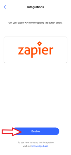 Covve Scan Zapier integration screen with an arrow pointing to the Enable button