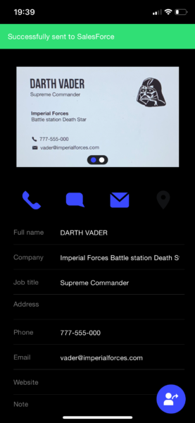 Covve Scan confirming the card was successfully sent to Salesforce